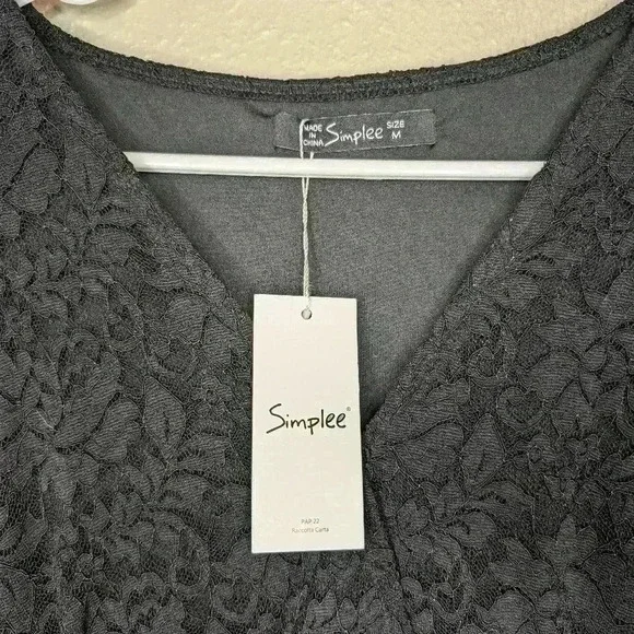 NWT Simplee Long Black lacey dress Size Medium with Bell sleeves and lace accent - Picture 2 of 10